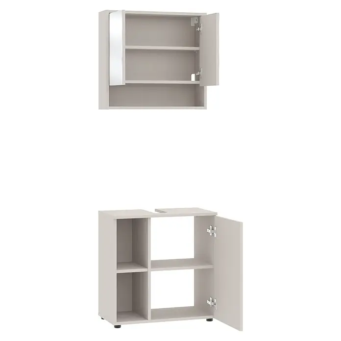 Respekta Badmöbel-Set Lina - Gesamtbreite Badmöbel: 60 cm, Kaschmir, Matt, Ohne Beleuchtung - Hellgraues modulares Aufbewahrungsset: ein Wandschrank mit weißer Blende und offener Tür, und ein niedriges Regal mit offenen Fächern und Tür.