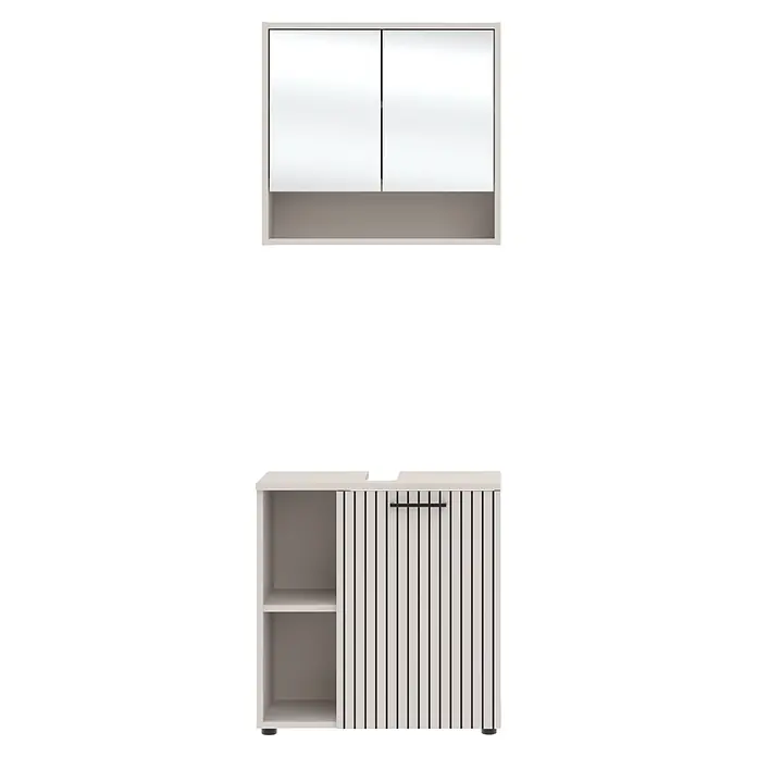 Respekta Badmöbel-Set Lina - Gesamtbreite Badmöbel: 60 cm, Kaschmir, Matt, Ohne Beleuchtung - Zweiteiliges Schranksystem: weißer Oberschrank mit zwei Türen und Unterschrank mit offenen Fächern und Schiebetür mit schwarzen Streifen.