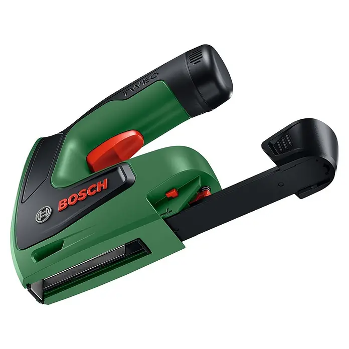Bosch Akku-Tacker Tweo - 4 V, 1 Akku, 2 Ah, Klammertiefe: 4 mm - 10 mm - Grün-schwarzer Bosch Elektrotacker mit rotem Auslöser und Lademechanismus.