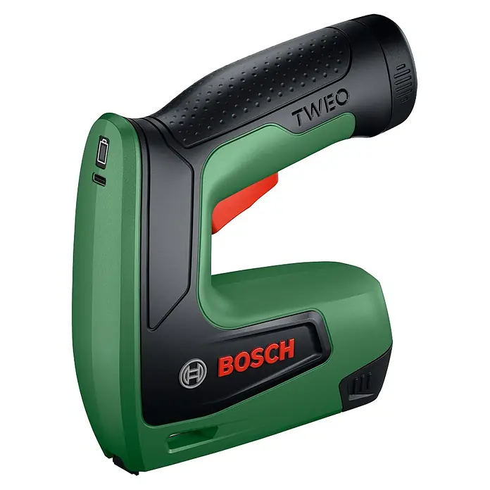 Bosch Akku-Tacker Tweo - 4 V, 1 Akku, 2 Ah, Klammertiefe: 4 mm - 10 mm - Bosch TWEEO Elektrotacker, grün-schwarz mit rotem Abzug.