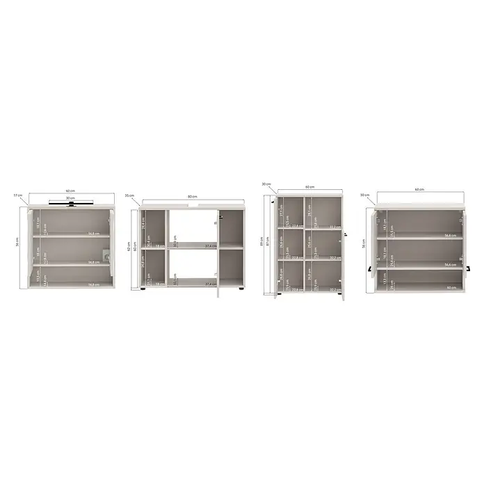 Respekta Badmöbel-Set Lina - Gesamtbreite Badmöbel: 155 cm, Kaschmir, Matt, Mit Beleuchtung, 4 -tlg. - Set aus hellen Aufbewahrungsschränken mit Regalböden und Türen, detaillierte Abmessungen für verschiedene Konfigurationen dargestellt.
