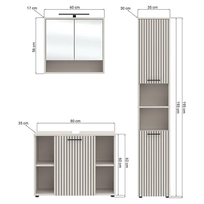 Respekta Badmöbel-Set Lina - Gesamtbreite Badmöbel: 130 cm, Kaschmir, Matt, Mit Beleuchtung - Helles beiges Badmöbelset mit dunkel gestreiften Türen: ein Spiegelschrank, Waschtischunterschrank und ein hoher Schrank, alle mit Maßen.