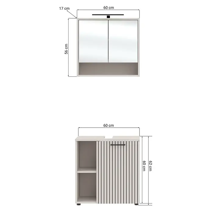 Respekta Badmöbel-Set Lina - Gesamtbreite Badmöbel: 60 cm, Kaschmir, Matt, Ohne Beleuchtung - Helles beiges Badmöbelset: Spiegelschrank mit Licht und Waschtischunterschrank mit offenen Regalen und Lamellentür.