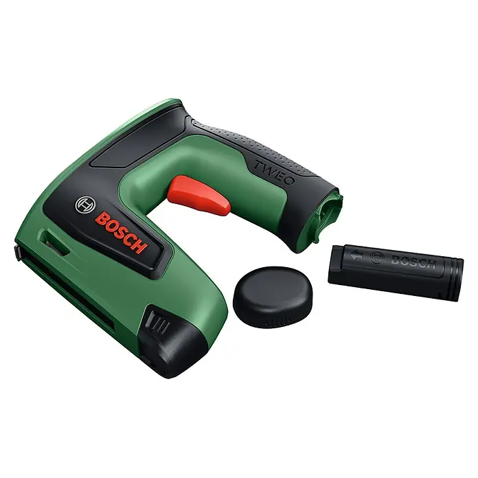Bosch Akku-Tacker Tweo - 4 V, 1 Akku, 2 Ah, Klammertiefe: 4 mm - 10 mm - Grüner und schwarzer Bosch TWEQ Elektrotacker mit rotem Abzug, daneben ein schwarzer Akku und eine Kappe.