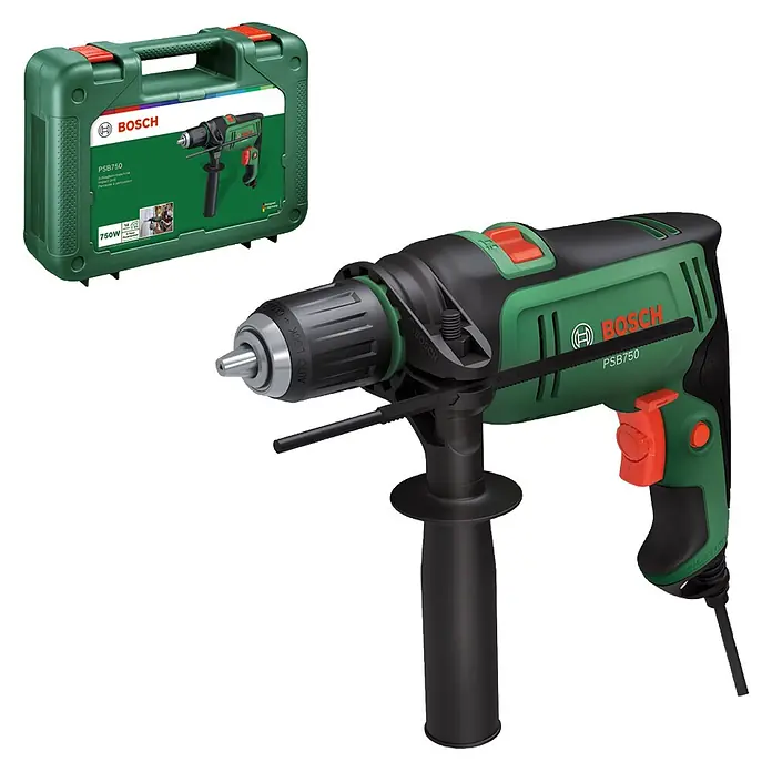 Bosch Taladro percutor PSB750 - 550 W - 750 W, Portabrocas de sujeción rápida - Taladro percutor Bosch PSB750 verde y negro con empuñadura auxiliar negra y su maletín verde a juego.