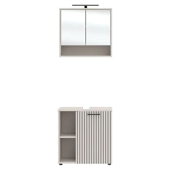 Respekta Badmöbel-Set Lina - Gesamtbreite Badmöbel: 60 cm, Kaschmir, Matt, Mit Beleuchtung - Heller beiger Wandschrank mit zwei weißen Hochglanztüren und Beleuchtung. Passende untere Aufbewahrungseinheit mit offenen Regalen und gestreifter Schiebetür.