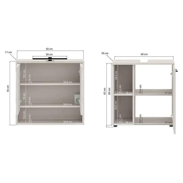 Respekta Badmöbel-Set Lina - Gesamtbreite Badmöbel: 110 cm, Kaschmir, Matt, Mit Beleuchtung - Beiger Badunterschrank mit mehreren Ablagen und Maßen dargestellt.