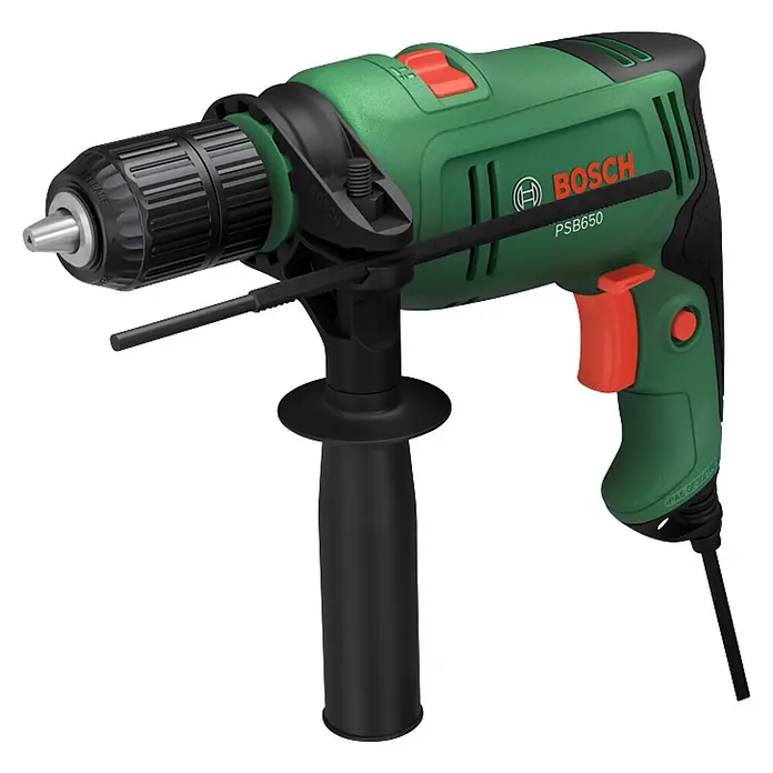 Bosch Taladro percutor PSB650 - 400 W - 650 W, Portabrocas de sujeción rápida - Taladro percutor Bosch PSB650 verde y negro con empuñadura auxiliar y tope de profundidad.