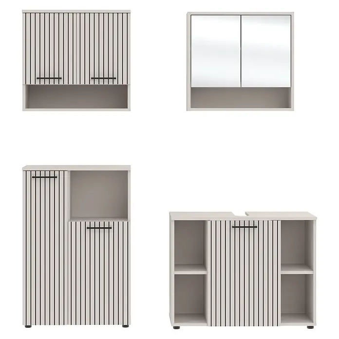 Respekta Badmöbel-Set Lina - Gesamtbreite Badmöbel: 155 cm, Kaschmir, Matt, Mit Beleuchtung, 4 -tlg. - Vier hellgraue Schränke mit vertikalen schwarzen Lamellendesigns und Griffen. Mit Wand-, Stand-, Spiegel- und offenen Regalen.