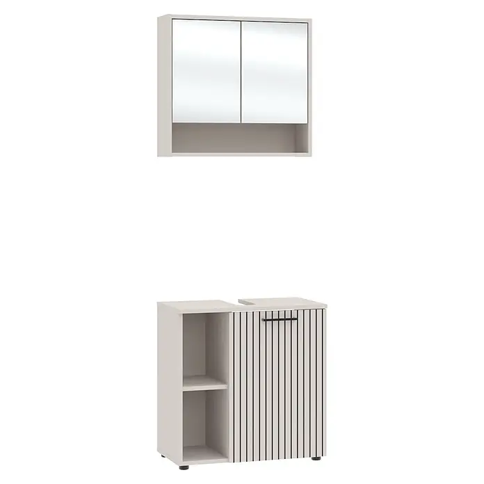 Respekta Badmöbel-Set Lina - Gesamtbreite Badmöbel: 60 cm, Kaschmir, Matt, Ohne Beleuchtung - Helle Stauraummöbel: Hängeschrank mit Spiegeltüren und offenem Fach, Beistellschrank mit geriffelter Tür, schwarzem Griff und offenen Regalen.