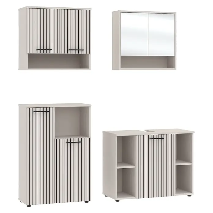 Respekta Badmöbel-Set Lina - Gesamtbreite Badmöbel: 155 cm, Kaschmir, Matt, Mit Beleuchtung, 4 -tlg. - Vier weiße Aufbewahrungsschränke, einige mit vertikal gerippten schwarzen Türen, einer mit Spiegeltüren.