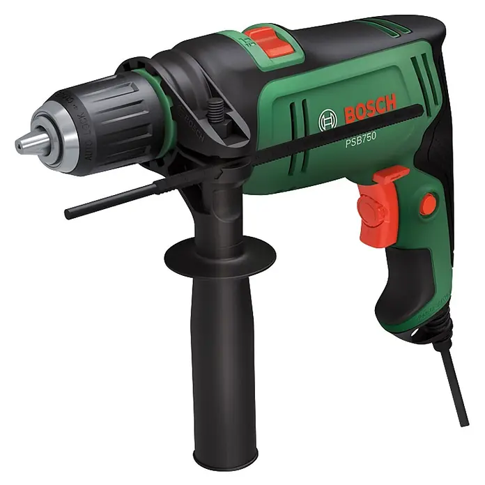 Bosch Taladro percutor PSB750 - 550 W - 750 W, Portabrocas de sujeción rápida - Taladro percutor Bosch PSB 750 verde y negro con portabrocas, empuñadura auxiliar y tope de profundidad.