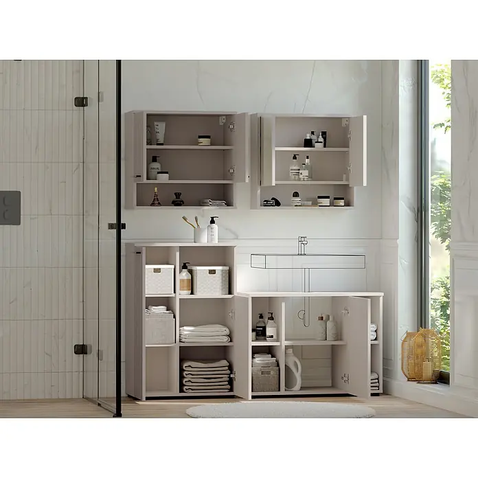 Respekta Badmöbel-Set Lina - Gesamtbreite Badmöbel: 155 cm, Kaschmir, Matt, Mit Beleuchtung, 4 -tlg. - Helle beige Badezimmerschränke mit Regalen und Türen, wandmontiert und stehend, zur Organisation von Toilettenartikeln und Handtüchern im modernen Bad.