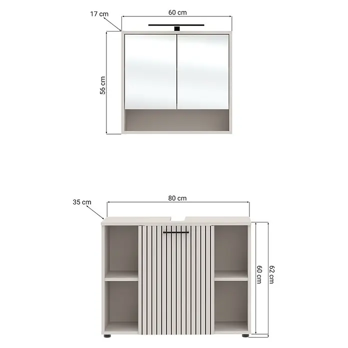 Respekta Badmöbel-Set Lina - Gesamtbreite Badmöbel: 80 cm, Kaschmir, Matt, Mit Beleuchtung - Hellfarbenes Badezimmermöbel-Set: Spiegelschrank (60x17x56 cm) mit Beleuchtung, Unterschrank (80x35x62 cm) mit gerippter Schiebetür.