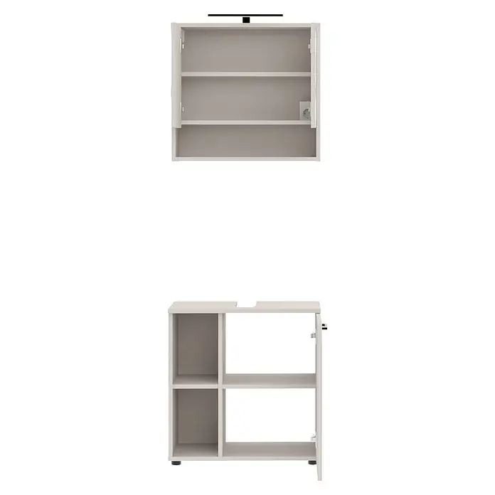 Respekta Badmöbel-Set Lina - Gesamtbreite Badmöbel: 110 cm, Kaschmir, Matt, Mit Beleuchtung - Hellgraue modulare Badschränke, einer wandmontiert mit Steckdose, einer stehend mit Regalen.