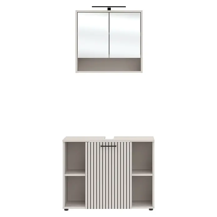 Respekta Badmöbel-Set Lina - Gesamtbreite Badmöbel: 80 cm, Kaschmir, Matt, Mit Beleuchtung - Weißes und hellgraues Badezimmer-Set: Wandschrank mit Spiegeltüren und Licht, Unterschrank mit offenen Regalen und Lamellentüren.
