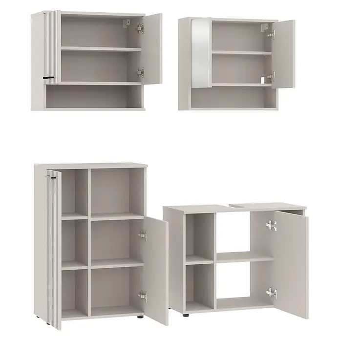 Respekta Badmöbel-Set Lina - Gesamtbreite Badmöbel: 155 cm, Kaschmir, Matt, Mit Beleuchtung, 4 -tlg. - Mehrere weiße Aufbewahrungsschränke mit offenen Türen und Regalen. Ein Schrank hat eine Spiegeltür.