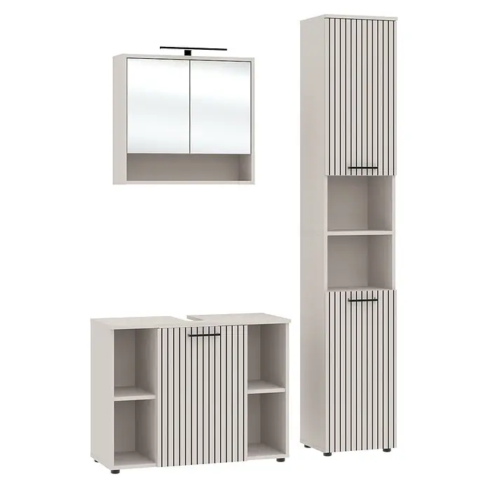 Respekta Badmöbel-Set Lina - Gesamtbreite Badmöbel: 130 cm, Kaschmir, Matt, Mit Beleuchtung - Weißes Badmöbel-Set: Spiegelschrank mit Beleuchtung, Hochschrank und Unterschrank, alle mit schwarzen vertikalen Lamellen.