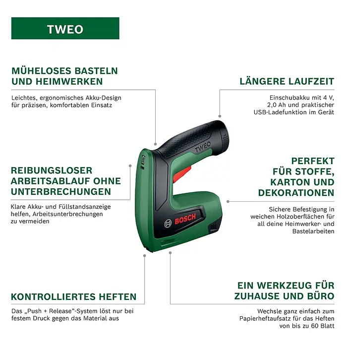 Bosch Akku-Tacker Tweo - 4 V, 1 Akku, 2 Ah, Klammertiefe: 4 mm - 10 mm - Grüner und schwarzer Akku-Elektrotacker.