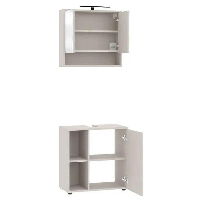 Respekta Badmöbel-Set Lina - Gesamtbreite Badmöbel: 110 cm, Kaschmir, Matt, Mit Beleuchtung - Zwei hellgraue Badschränke: ein wandmontierter Spiegelschrank mit Licht und Steckdose, ein stehender Waschtischunterschrank mit offenen Fächern.