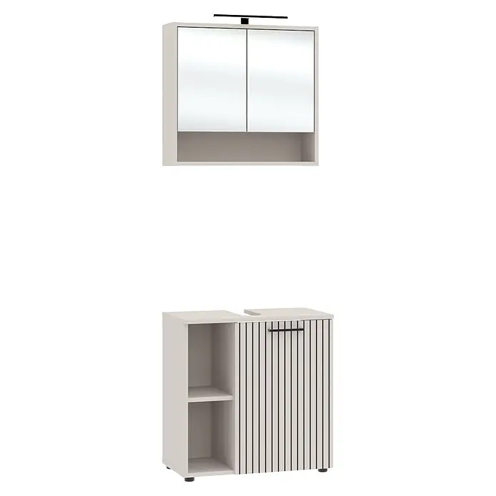 Respekta Badmöbel-Set Lina - Gesamtbreite Badmöbel: 60 cm, Kaschmir, Matt, Mit Beleuchtung - Helles Badezimmermöbel-Set: Spiegelschrank mit Beleuchtung, Unterschrank mit offenen Fächern und Lamellentür.