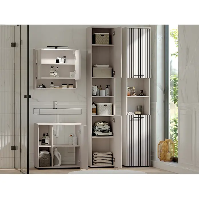 Respekta Badmöbel-Set Lina - Gesamtbreite Badmöbel: 160 cm, Kaschmir, Matt, Mit Beleuchtung - Hellbeige Badschränke, teils mit Lamellentüren, zur Aufbewahrung von Toilettenartikeln und Wäsche.