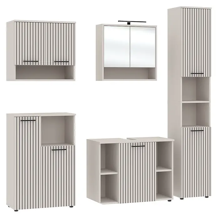 Respekta Badmöbel-Set Lina - Gesamtbreite Badmöbel: 205 cm, Kaschmir, Matt, Mit Beleuchtung - Modernes weißes Badmöbel-Set mit schwarzen vertikalen Streifen und Griffen, wandhängend und stehend.