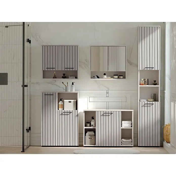 Respekta Badmöbel-Set Lina - Gesamtbreite Badmöbel: 205 cm, Kaschmir, Matt, Ohne Beleuchtung - Modernes Badmöbel-Set mit hellen Schränken mit schwarzen vertikalen Streifen, inklusive Wand- und Stehschränken sowie Waschtisch.