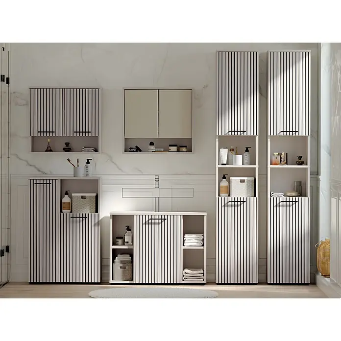 Respekta Badmöbel-Set Lina - Gesamtbreite Badmöbel: 255 cm, Kaschmir, Matt, Ohne Beleuchtung - Modernes Badezimmermöbel-Set in heller Farbe mit schwarzen vertikalen Lamellen, bestehend aus Schränken, Regalen und einem Waschtischunterschrank.