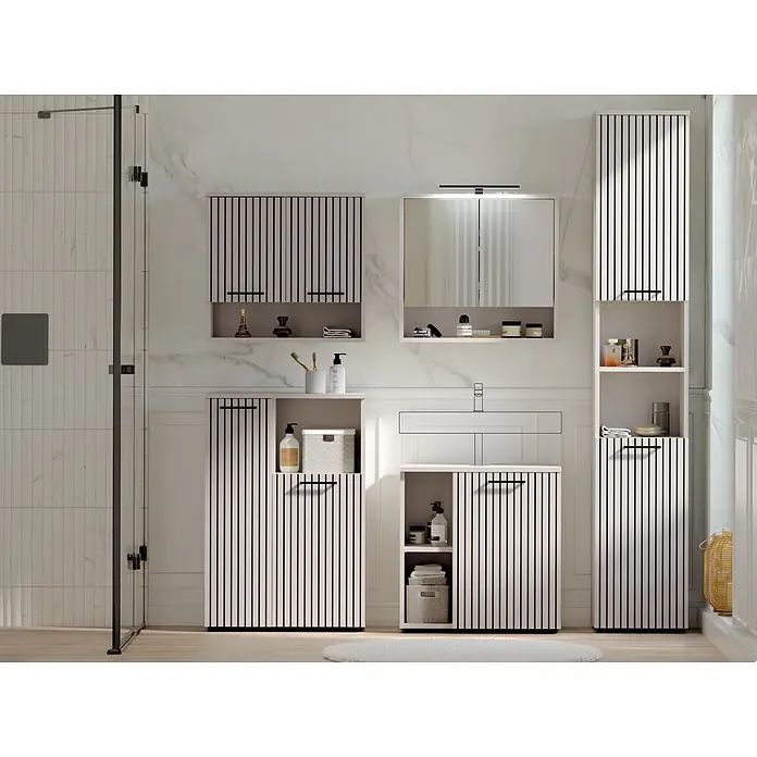 Respekta Badmöbel-Set Lina - Gesamtbreite Badmöbel: 185 cm, Kaschmir, Matt, Mit Beleuchtung - Modernes Badmöbelset mit hellen Korpen und schwarzen vertikalen Streifen in einem Badezimmer.