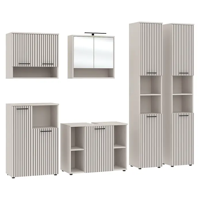 Respekta Badmöbel-Set Lina - Gesamtbreite Badmöbel: 255 cm, Kaschmir, Matt, Mit Beleuchtung - Modulare hellgraue Badmöbel mit dunklen vertikalen Streifen und schwarzen Griffen, inkl. Spiegelschrank.