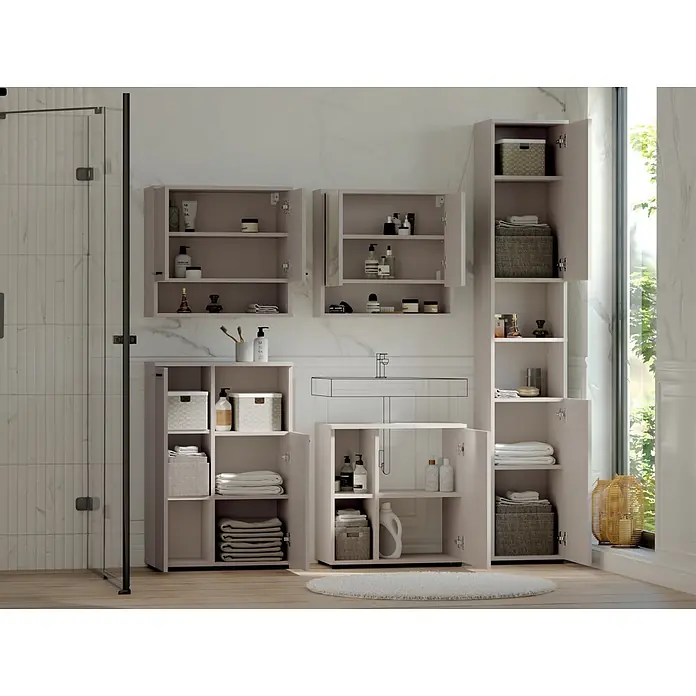 Respekta Badmöbel-Set Lina - Gesamtbreite Badmöbel: 185 cm, Kaschmir, Matt, Ohne Beleuchtung - Hellbraune Badezimmermöbel mit Wand- und Bodenschränken sowie Regalen, die Toilettenartikel und Handtücher in einem modernen Badezimmer ordentlich aufbewahren.