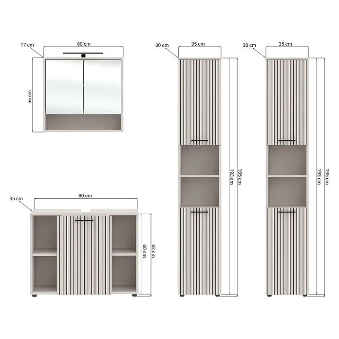 Respekta Badmöbel-Set Lina - Gesamtbreite Badmöbel: 180 cm, Kaschmir, Matt, Ohne Beleuchtung - Badezimmermöbel-Set: Spiegelschrank, zwei Hochschränke mit Regalen und ein Unterschrank. Hellbeige mit dunklen vertikalen Akzenten. Maße sind angegeben.