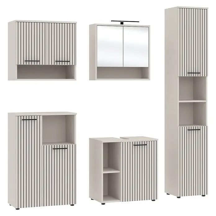 Respekta Badmöbel-Set Lina - Gesamtbreite Badmöbel: 185 cm, Kaschmir, Matt, Mit Beleuchtung - Set weißer Badmöbel mit vertikalen schwarzen Linien und schwarzen Griffen, darunter Wand-, Spiegel-, Hochschränke und Unterschränke.