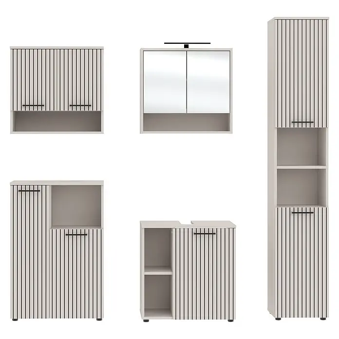 Respekta Badmöbel-Set Lina - Gesamtbreite Badmöbel: 185 cm, Kaschmir, Matt, Mit Beleuchtung - Set heller grauer Badmöbel mit schwarzen vertikalen Streifen und Griffen, einschließlich verschiedener Schränke und Regale.