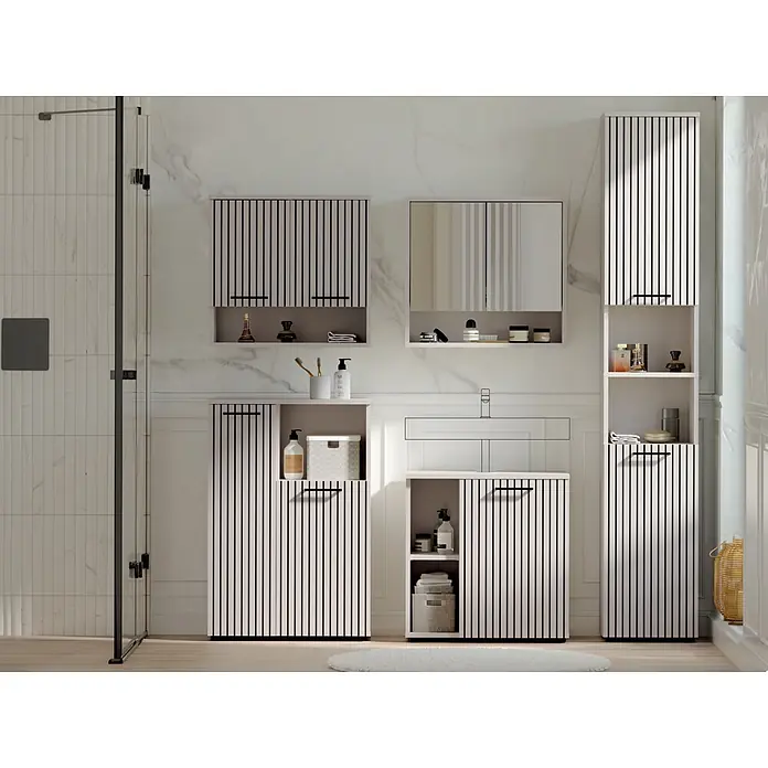 Respekta Badmöbel-Set Lina - Gesamtbreite Badmöbel: 185 cm, Kaschmir, Matt, Ohne Beleuchtung - Modernes Badezimmermöbel-Set aus hellem Holz mit schwarzen vertikalen Streifen für diverse Aufbewahrungslösungen.