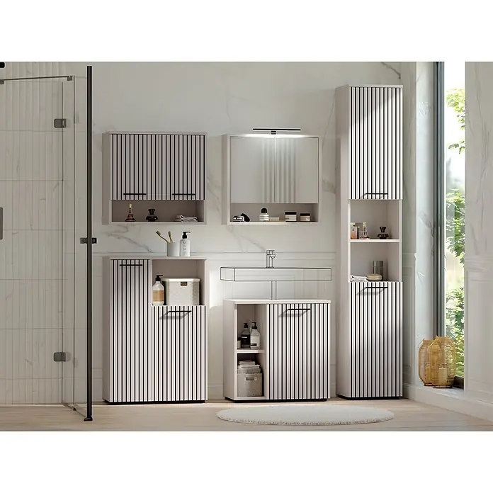 Respekta Badmöbel-Set Lina - Gesamtbreite Badmöbel: 185 cm, Kaschmir, Matt, Mit Beleuchtung - Modernes Badezimmermöbel-Set in hellem Holzdesign mit schwarzen Vertikallamellen, inklusive Wand- und Hochschränken sowie Waschtischmöbeln.