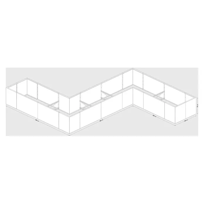 Palatino Hochbeet Urban S-Form - 500 x 400 x 70 cm, Stahl, Rostbraun - Weißes modulares Messestandsystem in L-Form mit Paneelwänden, inneren Stützen und erhöhtem Boden. Abmessungen sind angegeben.