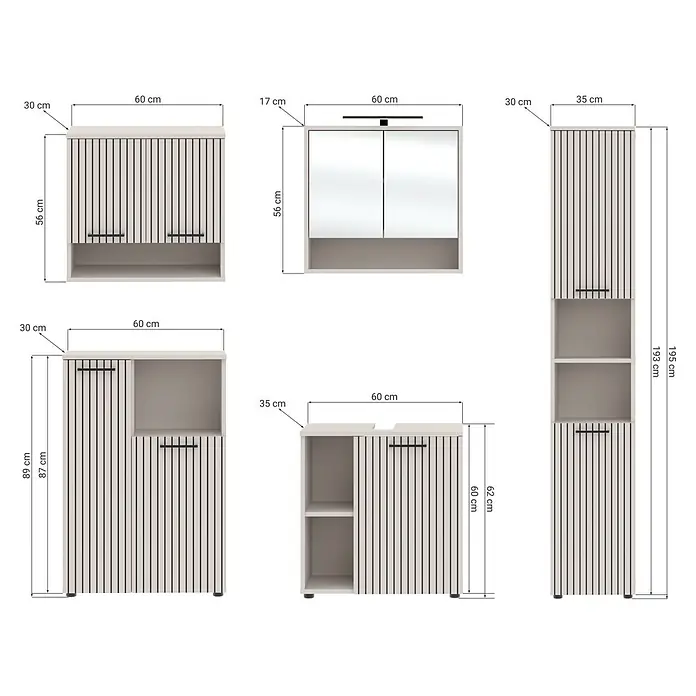 Respekta Badmöbel-Set Lina - Gesamtbreite Badmöbel: 185 cm, Kaschmir, Matt, Mit Beleuchtung - Set aus hellen modularen Badmöbeln mit Lamellenfronten, inkl. Spiegelschrank, Hänge- und Hochschränken, mit Maßen dargestellt.