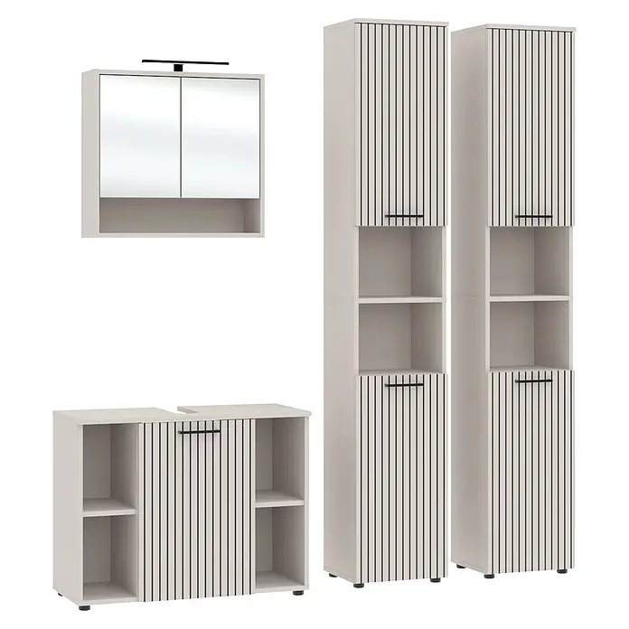Respekta Badmöbel-Set Lina - Gesamtbreite Badmöbel: 180 cm, Kaschmir, Matt, Ohne Beleuchtung - Weißes Badmöbel-Set mit Spiegelschrank, Waschtischunterschrank und zwei Hochschränken, alle mit Lamellendesign.