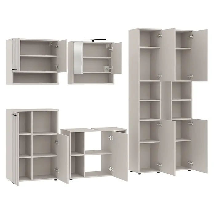 Respekta Badmöbel-Set Lina - Gesamtbreite Badmöbel: 255 cm, Kaschmir, Matt, Mit Beleuchtung - Set weißer modularer Aufbewahrungsschränke in verschiedenen Größen, mit offenen Türen und Regalen, einschließlich Wand- und Bodeneinheiten.
