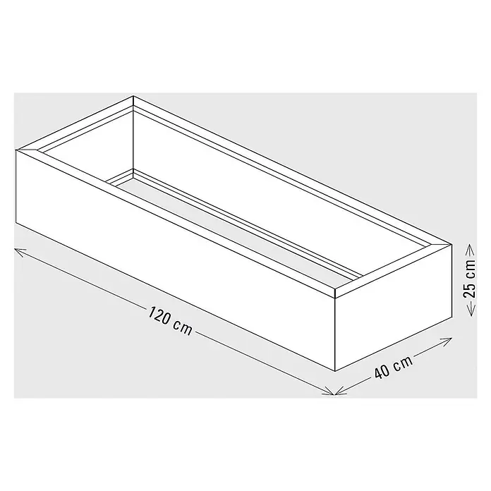 Palatino Exclusive Line Pflanzkasten Carlotta - Außenmaß (L x B x H): 120 x 40 x 25 cm, Metall, Rotbraun - Leerer, rechteckiger Pflanzkasten, 120 cm lang, 40 cm breit und 25 cm hoch, aus erhöhter Perspektive gezeigt.
