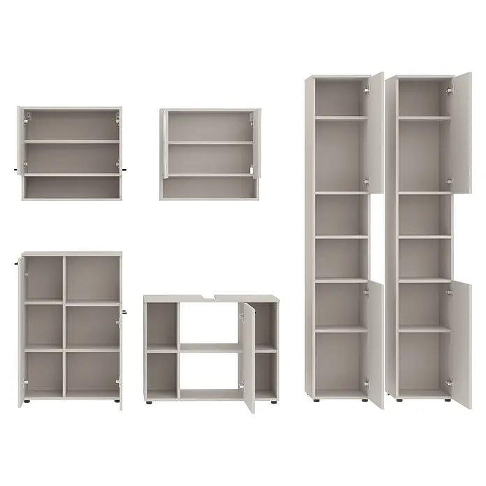 Respekta Badmöbel-Set Lina - Gesamtbreite Badmöbel: 255 cm, Kaschmir, Matt, Ohne Beleuchtung - Set hellgrauer modularer Lagereinheiten mit offenen Regalen und Türen.