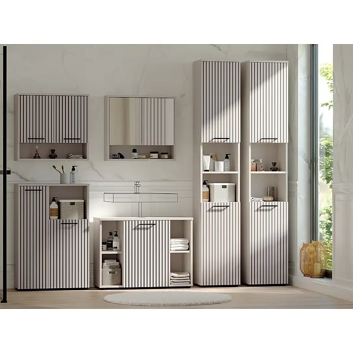 Respekta Badmöbel-Set Lina - Gesamtbreite Badmöbel: 255 cm, Kaschmir, Matt, Ohne Beleuchtung - Komplettes Badmöbelset in Hellbeige mit schwarzen vertikalen Streifenakzenten und Griffen, bietet viel Stauraum.