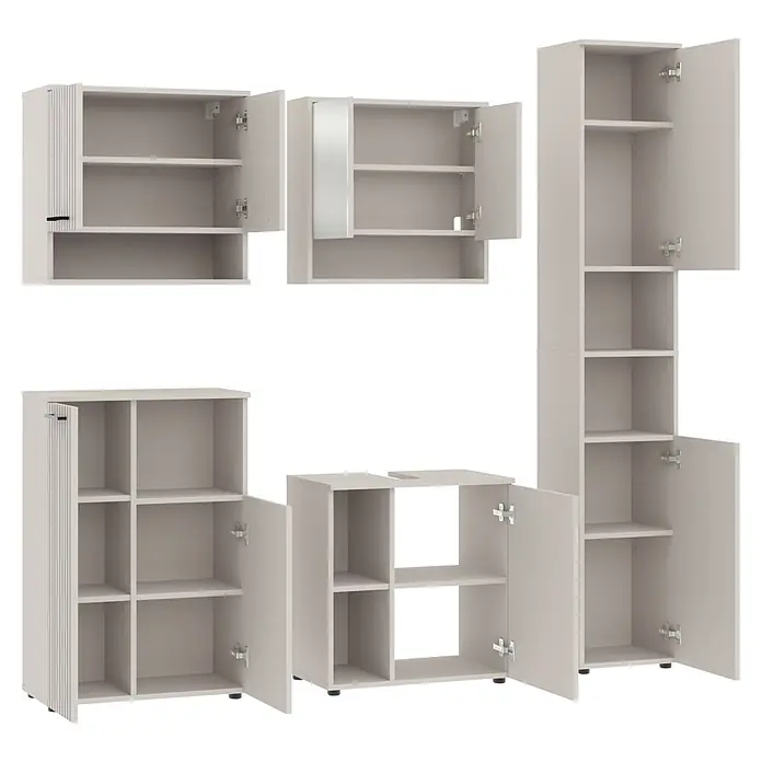 Respekta Badmöbel-Set Lina - Gesamtbreite Badmöbel: 185 cm, Kaschmir, Matt, Ohne Beleuchtung - Set aus hellgrauen Badschränken und offenen Regalen, teils mit geöffneten Türen, die Innenfächer zeigen, zur Aufbewahrung geeignet.