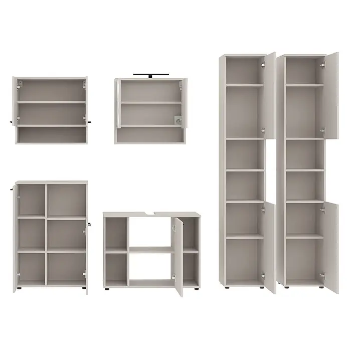 Respekta Badmöbel-Set Lina - Gesamtbreite Badmöbel: 255 cm, Kaschmir, Matt, Mit Beleuchtung - Set weißer modularer Lagerschränke mit verschiedenen geöffneten Türen und Innenregalen, einschließlich hoher und niedriger Einheiten.