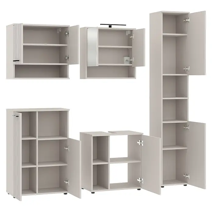 Respekta Badmöbel-Set Lina - Gesamtbreite Badmöbel: 185 cm, Kaschmir, Matt, Mit Beleuchtung - Set hellgrauer modularer Badschränke: wandhängend, Spiegelschrank, Hochschrank, Stand- und Waschtischunterschränke mit offenen Türen und Regalen.