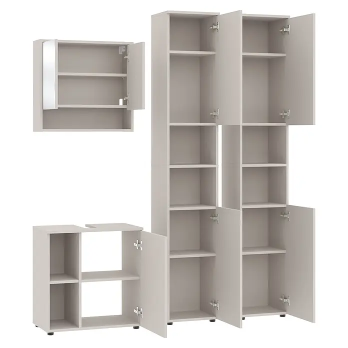Respekta Badmöbel-Set Lina - Gesamtbreite Badmöbel: 160 cm, Kaschmir, Matt, Ohne Beleuchtung - Helles, modulares Badezimmermöbel-Set in Grau mit offenen Regalen und Flügeltüren, inklusive Spiegelschrank.