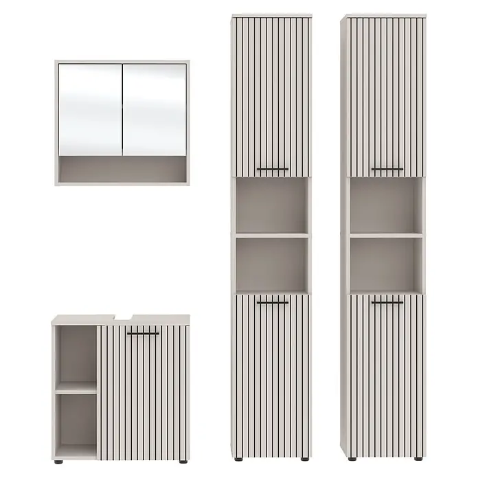 Respekta Badmöbel-Set Lina - Gesamtbreite Badmöbel: 160 cm, Kaschmir, Matt, Ohne Beleuchtung - Helles Badezimmerschrank-Set mit vertikalen Lamellen, bestehend aus Spiegelschrank, Unterschrank und zwei Hochschränken.