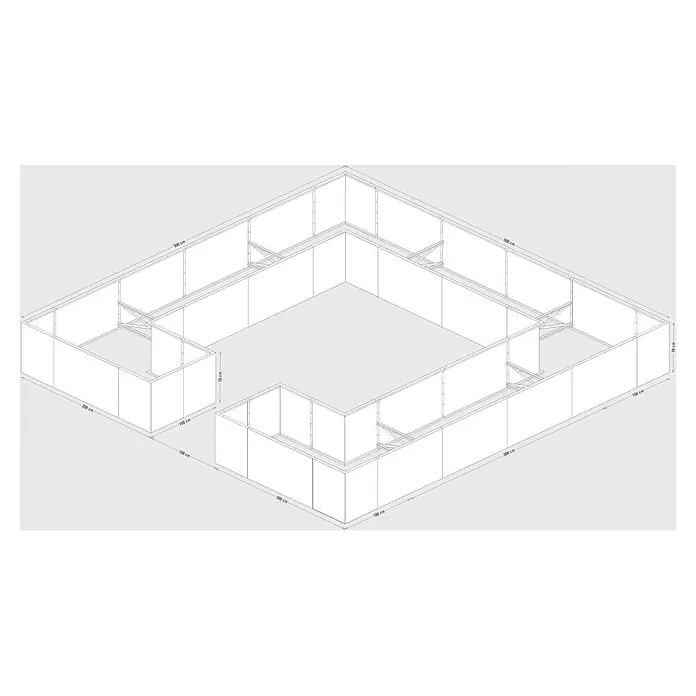 Palatino Hochbeet Urban C-Form - 500 x 500 x 70 cm, Stahl, Rostbraun - Weißes, U-förmiges modulares Messestandsystem mit Paneelen, Rahmen und sichtbaren Maßen.